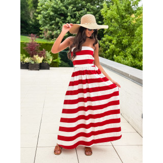 Robe longue lignée Isis - Rouge/Ecru