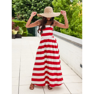 Robe longue lignée Isis - Rouge/Ecru