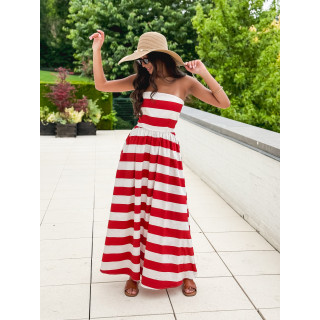 Robe longue lignée Isis - Rouge/Ecru