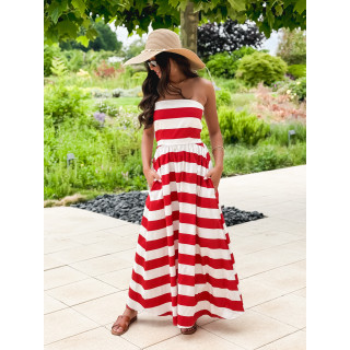 Robe longue lignée Isis - Rouge/Ecru