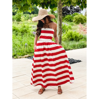 Robe longue lignée Isis - Rouge/Ecru