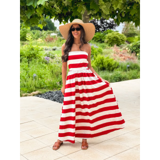 Robe longue lignée Isis - Rouge/Ecru