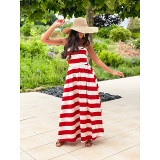 Robe longue lignée Isis - Rouge/Ecru
