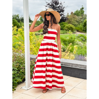 Robe longue lignée Isis - Rouge/Ecru