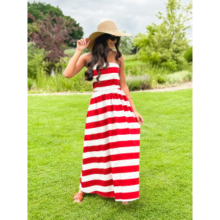 Robe longue lignée Isis - Rouge/Ecru