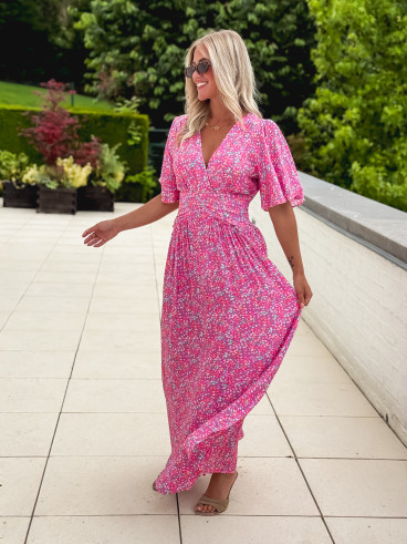 Robe longue à fleurs Kailie - Fuchsia