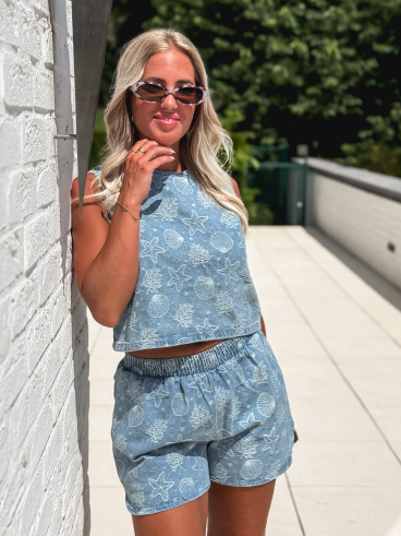 Blouse en jeans à motifs Nahée - Bleu