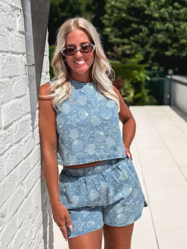 Blouse en jeans à motifs Nahée - Bleu
