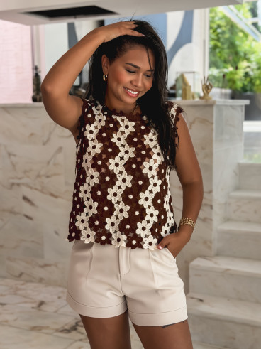 Blouse à fleurs Gardénia - Chocolat/Ecru