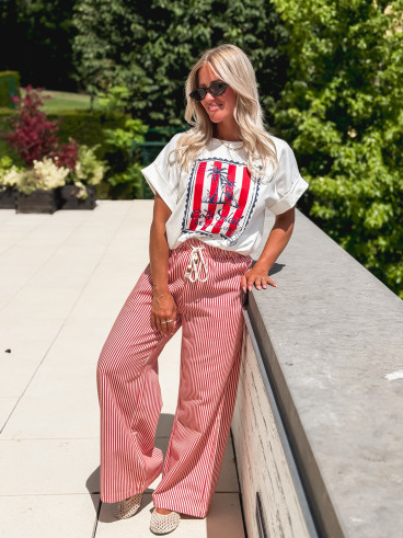 Pantalon ligné Moalie - Rouge/Blanc