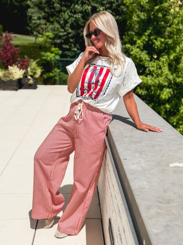 Pantalon ligné Moalie - Rouge/Blanc