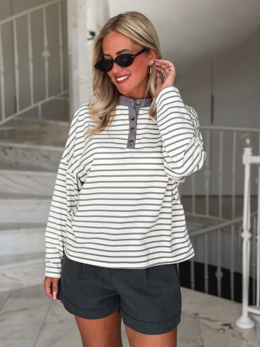 Pull fin ligné Clarissa - Crème/Gris Pull fin ligné Clarissa - Crème/Gris