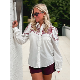 Chemise brodée Solène - Blanc/Bordeaux