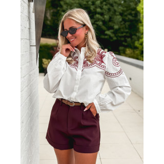 Chemise brodée Solène - Blanc/Bordeaux