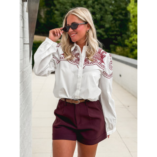 Chemise brodée Solène - Blanc/Bordeaux