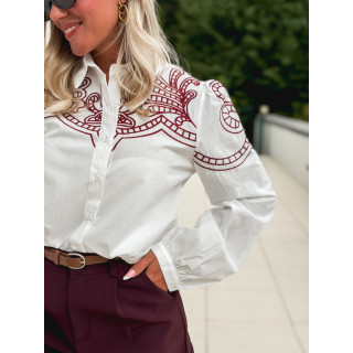 Chemise brodée Solène - Blanc/Bordeaux