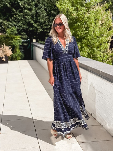 Robe longue à pois Elodie - Bleu marine
