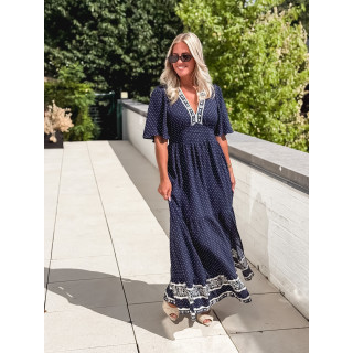 Robe longue à pois Elodie - Bleu marine