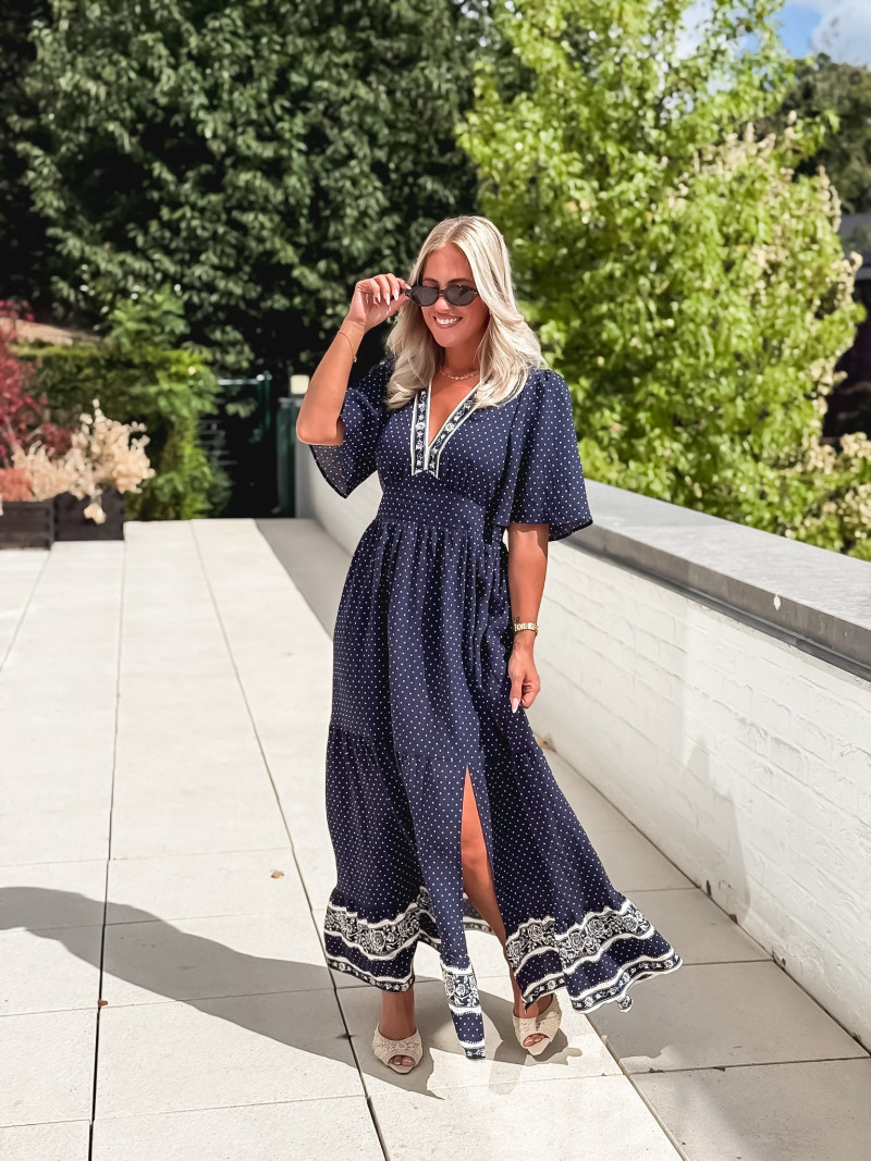 Robe longue à pois Elodie - Bleu marine