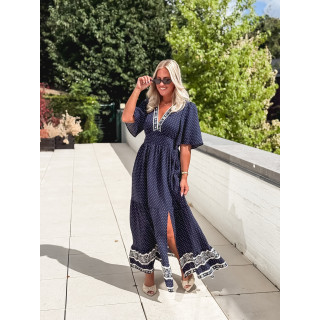 Robe longue à pois Elodie - Bleu marine