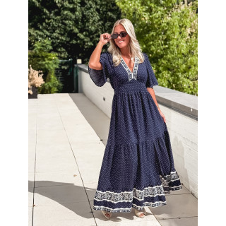 Robe longue à pois Elodie - Bleu marine
