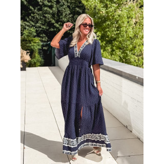 Robe longue à pois Elodie - Bleu marine