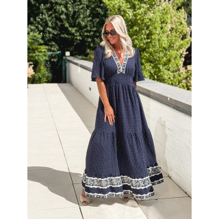 Robe longue à pois Elodie - Bleu marine
