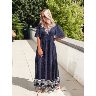 Robe longue à pois Elodie - Bleu marine