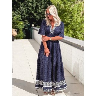 Robe longue à pois Elodie - Bleu marine