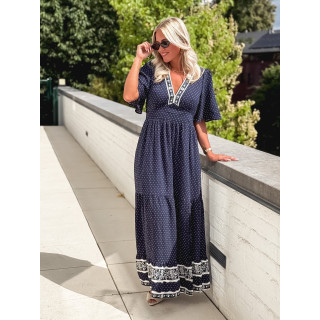 Robe longue à pois Elodie - Bleu marine