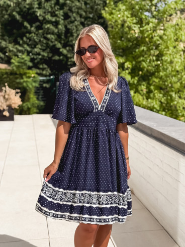 Robe courte à pois Elodie - Bleu marine