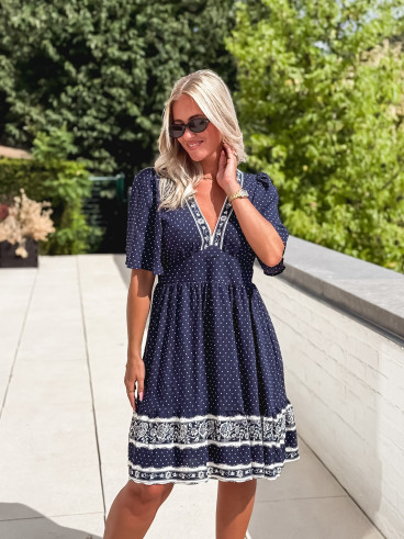 Robe courte à pois Elodie - Bleu marine