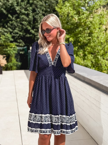 Robe courte à pois Elodie - Bleu marine