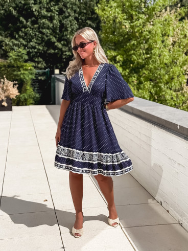 Robe courte à pois Elodie - Bleu marine