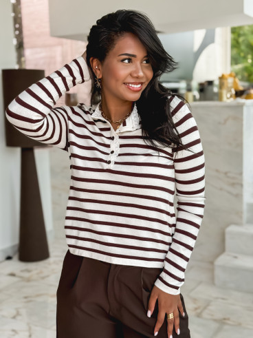 Pull Jelina Lignée - Ecru/Chocolat