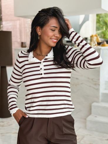 Pull Jelina Lignée - Ecru/Chocolat