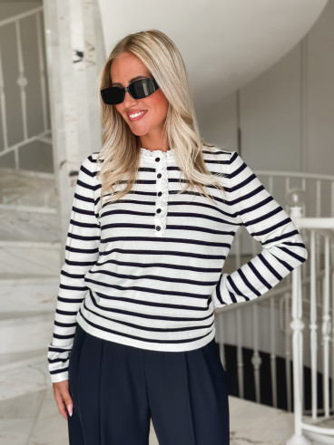 Pull Jelina Lignée - Ecru/Bleu marine