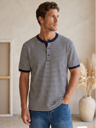 Polo ligné Gaëlan - Bleu marine/Ecru