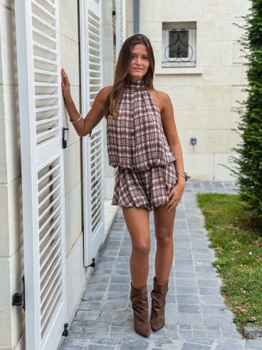 Combinaison short à carreaux Kloé - Marron