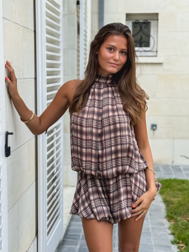 Combinaison short à carreaux Kloé - Marron