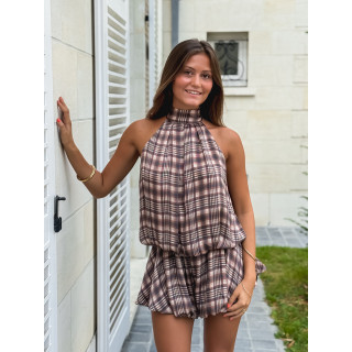 Combinaison short à carreaux Kloé - Marron