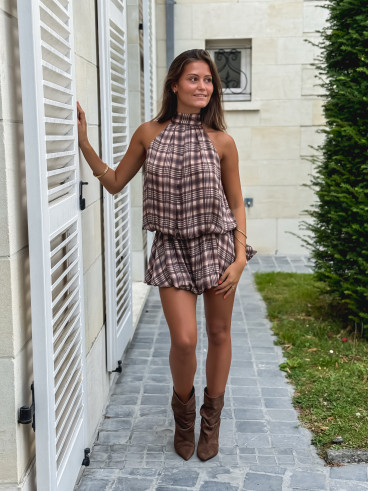 Combinaison short à carreaux Kloé - Marron