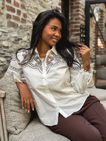 Chemise brodée Solène - Blanc/Chocolat Chemise brodée Solène - Blanc/Chocolat