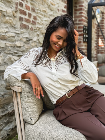 Chemise brodée Solène - Blanc/Chocolat Chemise brodée Solène - Blanc/Chocolat