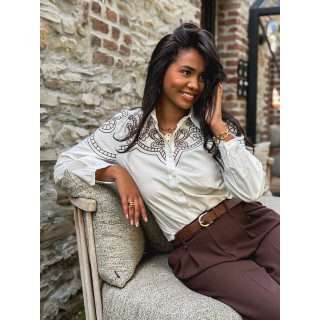 Chemise brodée Solène - Blanc/Chocolat
