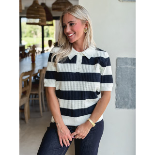Polo ligné Yolline - Bleu marine/Blanc