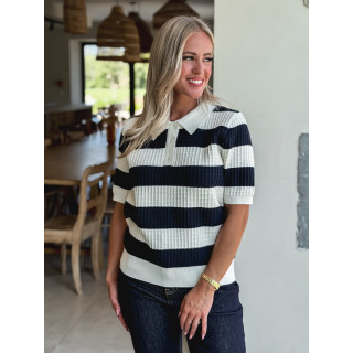 Polo ligné Yolline - Bleu marine/Blanc