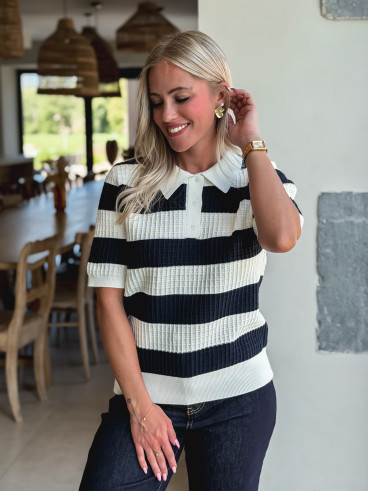 Polo ligné Yolline - Bleu marine/Blanc