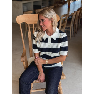 Polo ligné Yolline - Bleu marine/Blanc