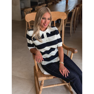 Polo ligné Yolline - Bleu marine/Blanc